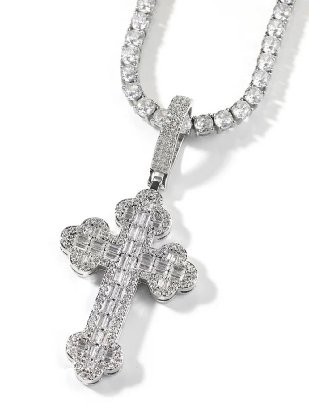 White Gold-Tone Pavé Cross Pendant Necklace - Elegant Crystal Accent